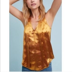 Anthropologie Maeve Liquid Gold Satin Pussy Bow Disco Halter US Size 6 Medium